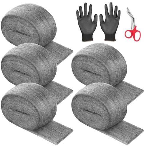 Foxtune Lana de alambre, paquete de 5 bloques de ratones de lana de acero con guantes y tijeras, relleno de agujeros de pared 0000 ratones de lana de alambre fino para limpieza, pulido de metal