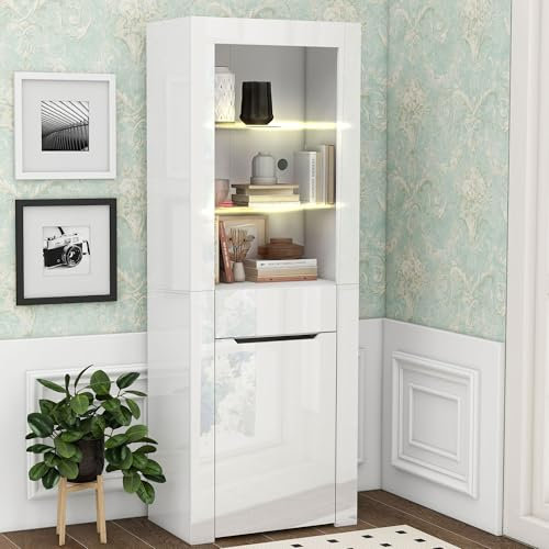 Vitrine mit LED-Lichtern Bücherschrank Aktenschrank Standvitrine Aufbewahrungsschrank mit Regalen Vitrinenschrank Küchenschrank Bücherschrank für Küche Wohnzimmer