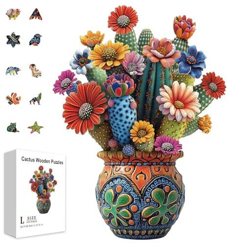 GLOBLELAND 200 Pezzi Fiore di cactus Puzzle in Legno per Adulti Puzzle in legno per Halloween Natale Compleanni Anniversari