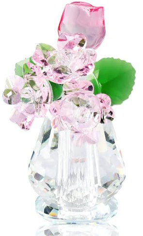 Crystal Pink Rose Flower Figurine for Women, Handmade Flowers Bouquet Gifts for Mum Wife Girlfriend, Glass Rose Floral Collectible Ornaments for Home Decor Tabletop Centerpieces