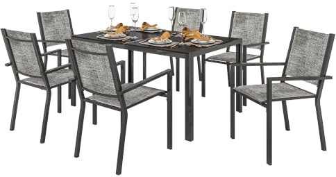 Outsunny Gartenmöbel-Set für den Außenbereich, 7-teilig, Gartentisch für den Außenbereich, mit 6 Stapelstühlen, Lattenplatte 150 cm, Stahlgestell, rutschfest, Gartenmöbel, Terrasse, Patio, Schwarz