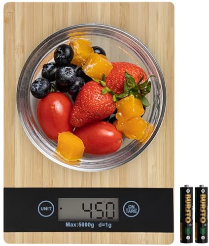 Geepen Báscula de Cocina Digital, Balanza de Alimentos Multifuncional 5 kg,Peso Cocina con Pantalla LCD 2 Baterías Incluidas para cocinar, Hornear（Patrón de bambú）