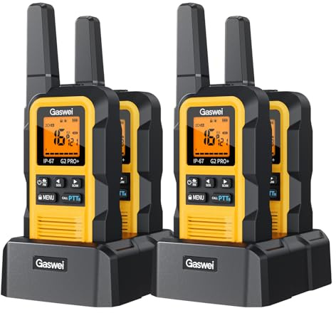 Gaswei G2Pro+IP67 wasserdichte Walkie Talkie 4er Set für Erwachsene | PMR446 Funkgerät mit Doppel-PTT,SOS-Alarm,VOX, FM Radio, Schwimmfähig für Bergsteigen, Reisen, Baustelle, Angeln & Camping