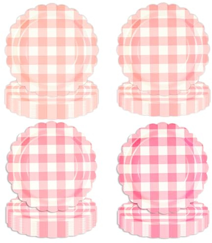 EVYIENEN 48 st dammiga rosa skulpterade papperstallrikar – 18 cm Gingham rutig festtallrik engångs pläd dekorativ middag desserttallrik för baby shower bröllop födelsedag, 4 färger