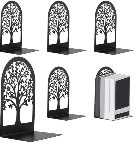 KOHAND 6 Pieces / 3 Pairs Metal Bookends, Black Book Ends for Shelves, Tree of Life Decorative Book Stopper for Home Office Bookshelf