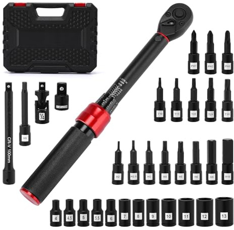 MIXPOWER 33 PCS 1/4 Drive Torque Wrench Set, 3-25 Nm, 72-Tooth, with Bit Sockets, Shallow Sockets, Extension, Universal Joint Socket and Adapter