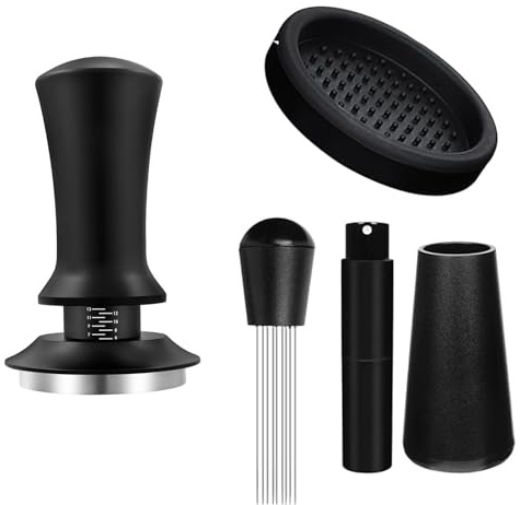 4PCS 51mm Coffee Machine Accessories Set, Espresso Tamper Set with WDT Tool Distribution Stirrer, Tamper Mat, Spray Bottle, Espresso Aluminum Handle Accessories for Home KitchenTamper, Black