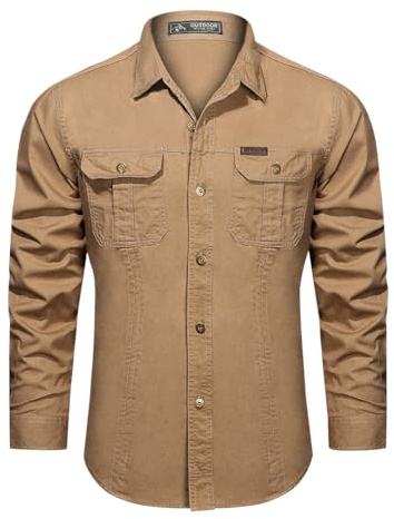 Casey Kevin skjorta herr långärmad fritidsskjorta bomull cargo herrskjortor button down utomhusskjorta arbetsskjorta, 2 fickor normal passform, kaki, XL