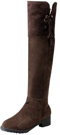 MODSGUE Stivali da donna comodi in camoscio elegante tacco western con punta tonda alta tinta unita lunga stivali da donna stivali western comodi basic estivi da donna, marrone, 42 EU