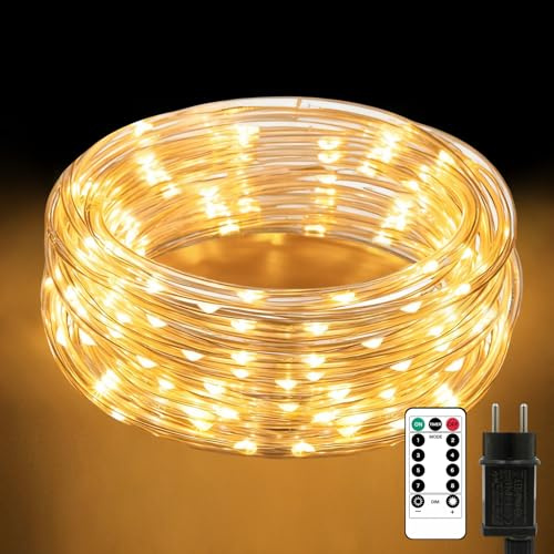 10M 200 LEDs Lichterschlauch mit Fernbedienung, Ø7.5mm Dicker Lichterkette Aussen IP65 Wasserdicht 8 Modi Dimmbar & Timer, Led Leuchtschlauch Für Innen & Außen Weihnachten Garten Party Hochzeit Deko
