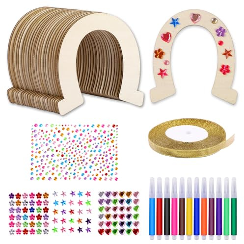 Hopton 41 Stück Hufeisen Holz zum Bemalen,Hufeisen Basteln Kindergeburtstag | Bastelset Kinder,Hufeisen Deko,Holzscheiben Hufeisenform mit Aquarellstift,Aufkleber,Glitzerband für DIY,Party,Geburtstags