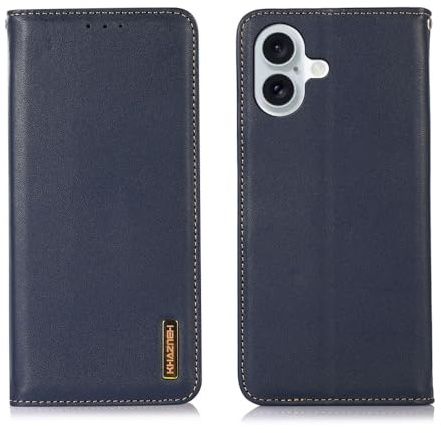 XIMAND Étui en cuir véritable pour iPhone 17 avec 3 emplacements pour cartes de crédit, blocage RFID, motif nappa et fermeture magnétique avec protection intégrale de l'écran et de la caméra, bleu