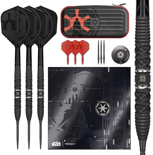 Target Darts Star Wars Darth Vader 95 % volframstål spetspilar, 22 G | svarta schweiziska stormpunkter, röd och svart K-Flex No.2/nr.6 axlar och flygningar, premium schweizisk nyckelring verktyg