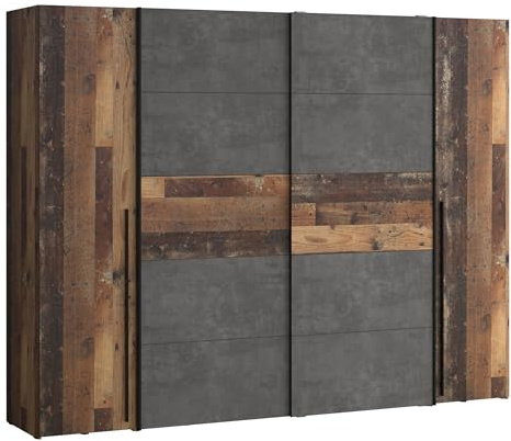 Forte NARAGO Kleiderschrank 270, rustikaler Dreh-/Schwebetürenschrank, 4-türig, geräumig, Holzwerkstoff, Old Wood Vintage Holzdekor/Betonoptik Grau, 270,3 cm breit x 210,5 cm hoch x 61,2 cm tief