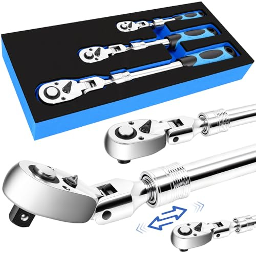 DikTalk 3-Piece Extendable Ratchet Set with 180-Degree Flex Head, 1/4 3/8 1/2 Drive, 72-Tooth Quick-Release Reversible Socket Wrench Set, Chrome Vanadium Steel with Storage Tray