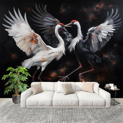 Fotomurales 250x175 cm Animales Grullas Pinturas De Arte. Decoración Muro Murales Papel Pintado tejido no tejido Negro Moderna Panoramico Fotográfico Adhesivos Impermeable Papel Tapiz