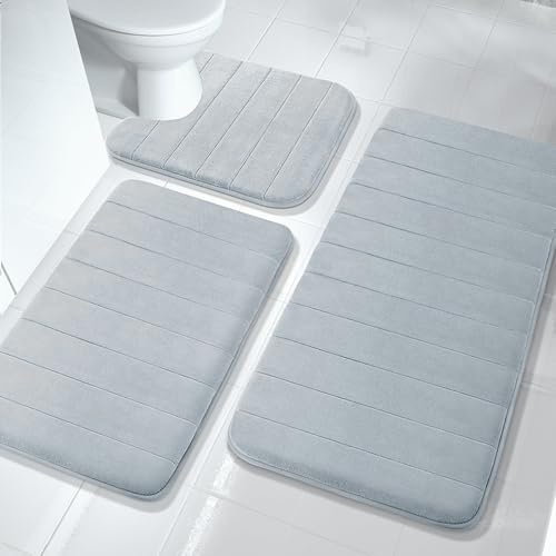 ALKNOT Badematte Set 3-teilig aus Memory Foam, Waschbar, Weich & Schnell Trocknend, rutschfest & Saugfähig, Badezimmerteppich für Dusche, WC & Badewanne (Hellgrau)
