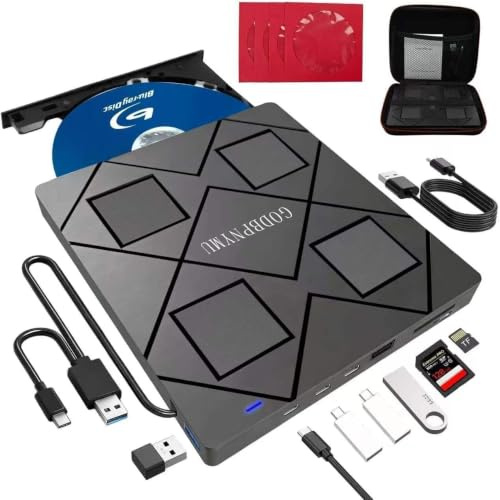 GODBPNYMU External blu ray Drive,8-in-1External blueray/DVD Drive for pc | Featuring USB*2 /C*2,TF/SD Card Reader blu ray Burner,Compatible with Windows 11/10/ 8/7/,Mac os. Comes with 1+4 Storage Bag