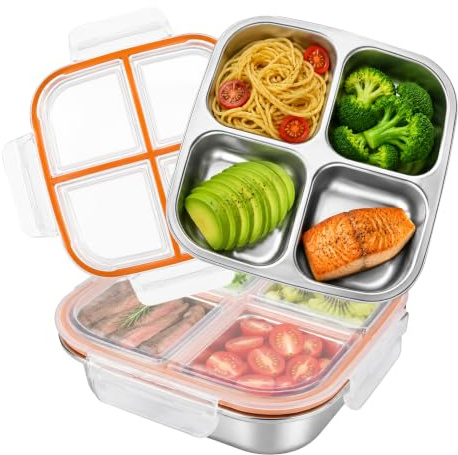 lompyeu 2 mellanmålslådor med 4 fack, BPA-fri, snackslåda för barn, matlåda i rostfritt stål, för skola, arbete och camping (600 ml)