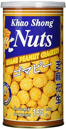 Khao Shong Sesame Peanut Crackers, Sesam Kracker mit Erdnusskern, würzige Erdnuss-Cracker mit Sesam-Mantel, knuspriger Snack für unterwegs, 24 x 180 g Dose