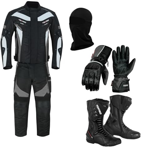 A Full Set of Waterproof Motorbike 2 Piece Suit in Cordura Fabric and Armour - Jacket + Trouser + High Ankle Boots + Gloves- Racing Touring Events