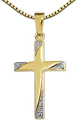 CLEVER SCHMUCK Set Goldener Anhänger kleines Mädchen Kreuz 19 mm glänzend bicolor Kreuzenden mit Pünktchen verziert 333 GOLD 8 KARAT und vergoldeter Kette Venezia 40 cm für Kinder