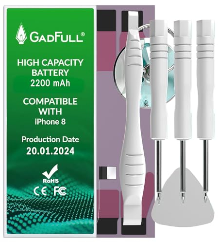 GadFull Batteria ad Alta Capacità compatibile con iPhone 8 | 2025 Data di produzione | incl. Set di riparazione manuale & Kit strumenti Profi | Nuova Batteria Cellulare Extra