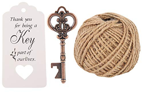 Cavatappi vintage apribottiglie a forma di chiave antico apribottiglie con cartellino per decorazioni country per feste di matrimonio(50Pcs+tag+hemp rope)