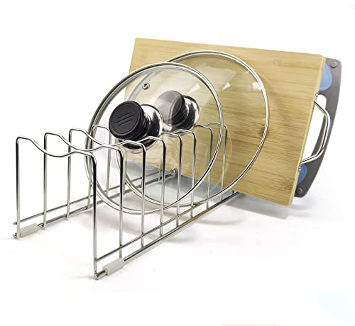 Forlivese 9 Slots Pot Lid Organizer,Stainless Steel Pan Lids Organiser,High Volume Pot Lid Holder,Pan Lid Holder for Saucepan Cupboard with 4 Silicone Foot Covers(1 Pack)