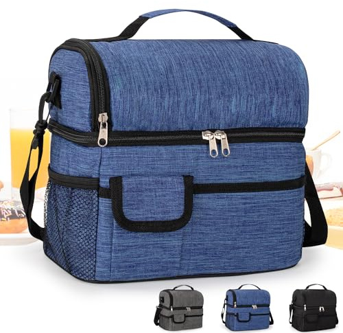 BalladHome Borsa Termica Porta Pranzo 10L Borsa Termica Borsa Frigo con doppio scomparto, Cinghia Regolabile e Chiusura con Cerniera, per uomo e donna, Lavoro, Scuola (Blue)-A