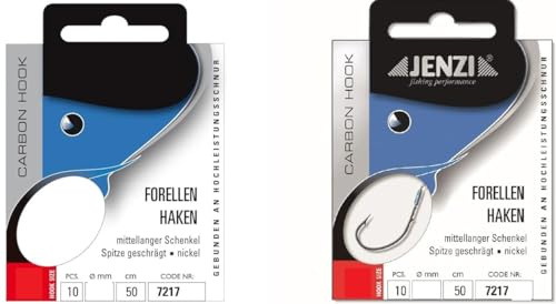 Set: 2 Packungen JENZI gebundene Forellenhaken (20 Stück) Mono, 50cm Hakengröße 2, 4, 6, 8, 10, 12, je nach Auswahl + gratis Petri Heill! Aufkleber