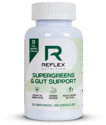 Reflex Nutition Supergreens & Gut Support - 33 Active Ingredients - Prebiotics, Probiotics, Vitamins & Minerals - Immune Support, Reduce Fatigue & Bloating - Vegan Gut Health Supplement (90 Capsules)