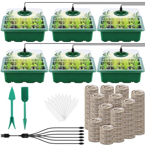 Hahood 6 Pack Seed Starter Tray Kit with Grow Light and Humidity Dome Germination Trays, 72 Peat Pellets, Plant Labels, Gardening Tools, Green, Modern Style, 7.3 x 5.7 x 4.5 inches