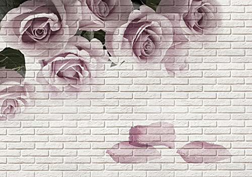 wandmotiv24 Fototapete Rosen Blumen Mauer, 200 x 140cm - selbstklebende Strukturtapete, Wanddeko, Wandbild, Wandtapete, Vintage Rose Steine weiß M6790