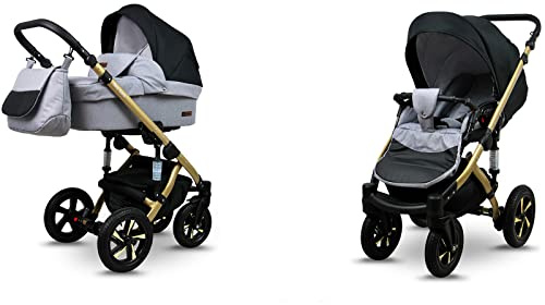 BabyLux® Sky Lark 2-in-1 Baby Kinderwagen Tief und Kinderwagen mit Zubehör Verstellbar und faltbar Aluminiumkonstruktion Wasserdicht Nicht abnehmbare Räder Silver Flex Black Gold Frame