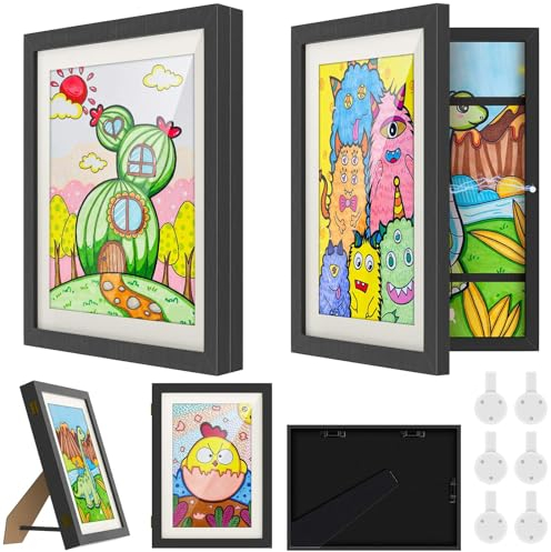 NICEKOOL 2STK Bilderrahmen Kinderzeichnungen A4, Kinder Befüllba Kunstfotorahmen Frontöffnung, Holz Kinder Kunst Rahmen, Aufklappbar mit Wand & Standfunktion, Ideal für Kunstprojekte, Zuhause(Schwarz)