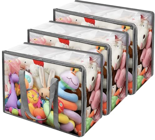 Vieshful Clear Clothes Storage Bag Organizer with Grey Reinforced Handle, 18.1 X 15 X 9.1 in, Storage Bag for Comforter, Blanket, Bedding, Duvet, Transparent Moving Totes with Sturdy Zipper, 3 Pack