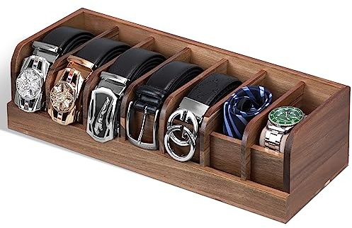 PERCAO Gürtel-Organizer, 7 Fächer, Gürtelhalter, Gürtelaufhänger und Gürtel-Organizer für Schublade, Gürtelablage, Gürtelaufbewahrung, Gürtelaufhänger für Damen und Herren (Akazienholz)