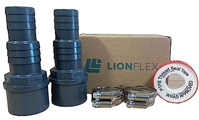LionFlex PVC Verbinder Set 7-teilig - DN 50 x 38-32 mm | Pool Schwimmbad Schwimmbecken Teich Schlauch | 2 x PVC Schlauchverbinder DN 50x38-32 mm + 4 x Schlauchschelle W2 25-40 mm + 1 x Teflonband