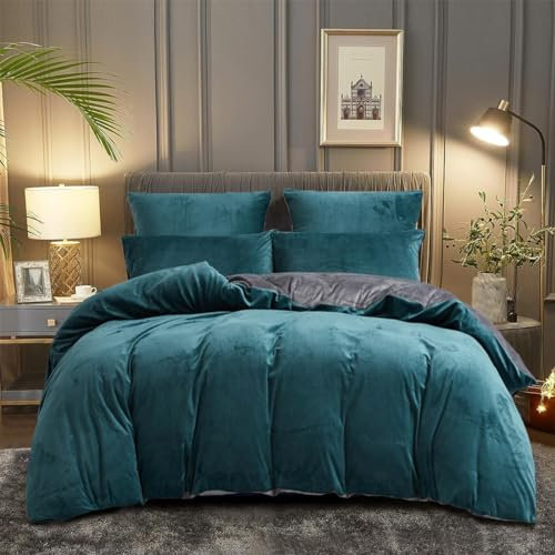 DXHOME Winter Fleece Bed Linen 220 x 240 cm Blue Light Blue Grey Soft Cuddly Fluffy Plain Bed Linen Set Duvet Cover with Zip and 2 Pillowcases 80 x 80 cm