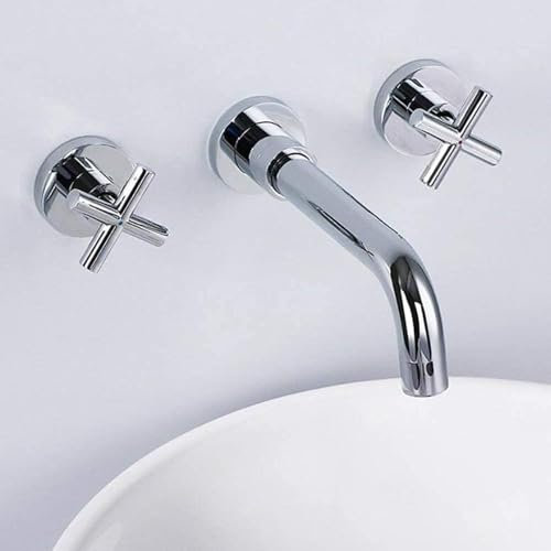 3-Hole Wall Mounted Washbasin Tap Flush-Mounted Bathroom Tap 2-Lever Mixer Tap Washbasin Tap Wall Mount Brass Chrome Projection 180 cm