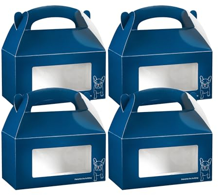 Bio Tek Giebelboxen für Gastgeschenke, 24,1 x 12,7 x 12,7 cm, 100 langlebige Geschenkboxen – Frenchie die Bulldogge, mit transparentem PET-Fenster, blaue Papier-Scheunenschachteln, integrierter Griff