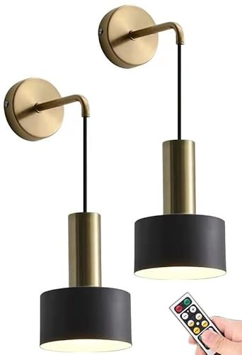 Apliques de pared modernos Juego de 2,Lámparas de pared recargables USB con temporizador a distancia,Lámpara de pared colgante dorada sin cable para dormitorio Sala de lectura Pasillo ( Color : Black+