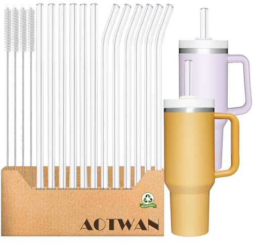 AOTWAN Glas Strohhalm für Stanley Cup 16 Stück Glasstrohhalme Lang 31cm, 6 Gebogenem + 6 Geraden Glas-Strohhalme mit 4 Reinigungsbürsten für Stanley Cup 30oz/40oz
