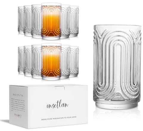 INSETLAN Set mit 12 Vintage-Glaswaren, 400 ml, Art-Deco, geriffelte Glasbecher, Cocktailgläser, für Bargetränke, Eiskaffee, Saft, Einweihungsgeschenke, New House Essentials
