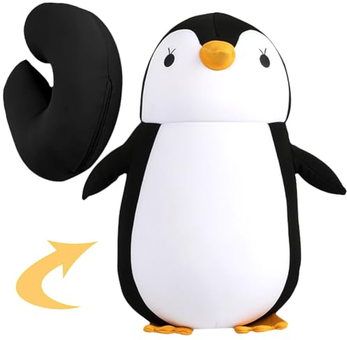 UDTGYELF Kinder Reisekissen,2-in-1 Reisekissen Nackenkissen Kinder, Pinguine Plush,Pinguine Schwarzes Reisekissen, Cartoon Nackenkissen für Reise Büro und Haus (Pinguin)