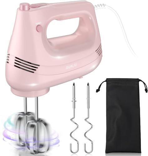 GUALIU Electric Hand Mixer with Stainless Steel Whisk, Dough Hook Attachment and Storage Bag, Handheld Mixer for Baking Cakes, Eggs, Cream Food Mixers. Turbo Boost /5 Speed Kitchen Blender
