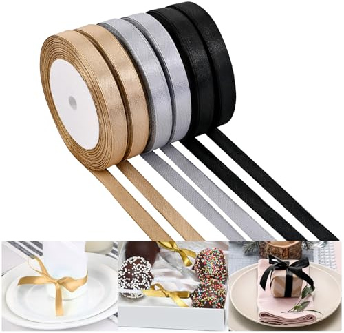 NACHLYNN 10mm x 22m Satinband Gold Silber Schwarz Schleifenband Geschenkband Bänder zum Basteln für Verpackungsband Urlaubsdekoration Hochzeitsstrauß DIY Dekoration