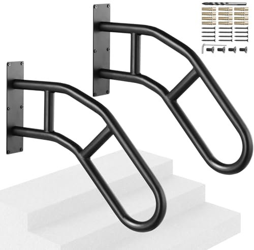 VEVOR Corrimano per Gradini Esterni Lunghe 737 mm Ringhiere di Sicurezza da Parete per 1-3 Gradini, Corrimano a Forma di U con Finitura Nera Opaca, Corrimano per Scale per Anziani, Disabili, 2 Pezzi