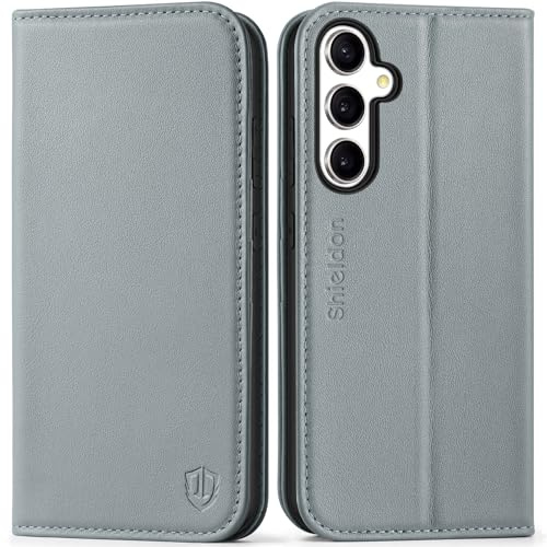 SHIELDON Genuine Leather Wallet Case for Galaxy S24 FE, Gray | Kickstand, RFID Blocking, Card Slots, Magnetic Closure, Shockproof Flip Folio Phone Cover